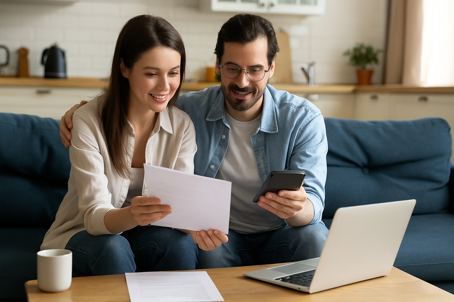 Couple comparant des documents et un budget sur ordinateur